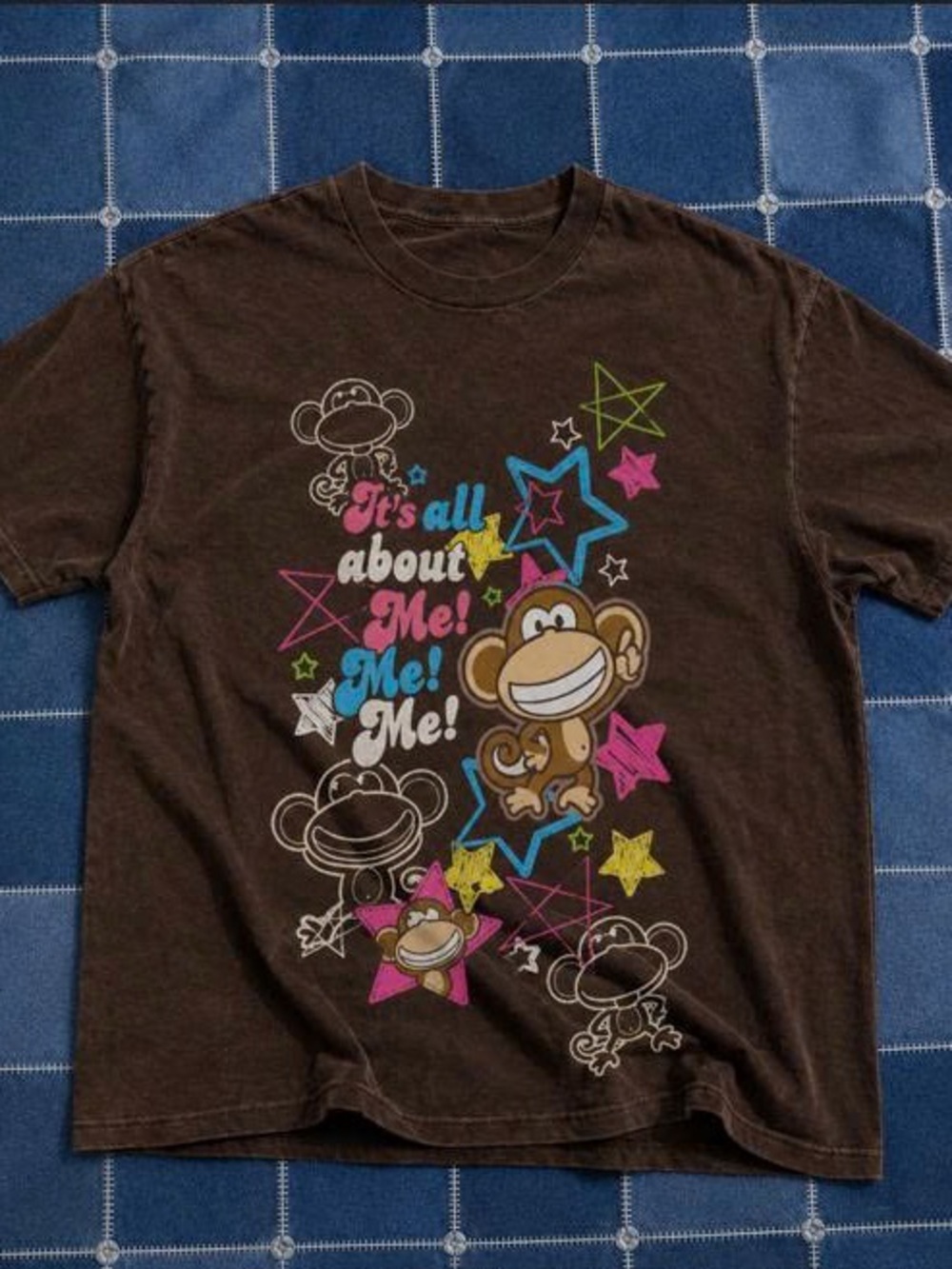 Brown Short Sleeve Tee with Colorful Monkey Graphic